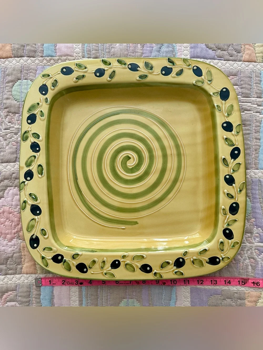 ZRIKE Vintage Yellow Spiral Ceramic Serving Platter with Olive Motif Minor Flaws